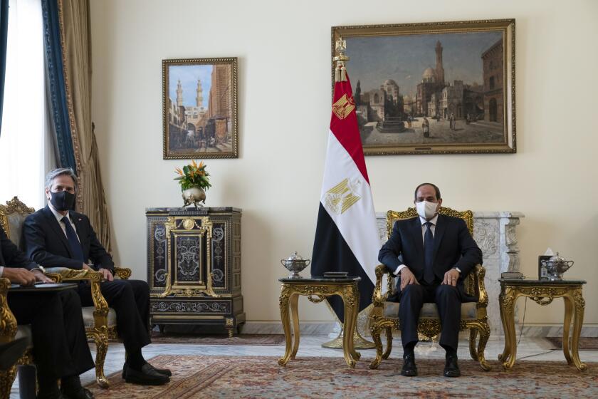 Secretary of State Antony Blinken, left, is seated during a meeting with Egyptian President Abdel Fattah el-Sissi at the Heliopolis Presidential Palace, Wednesday, May 26, 2021, in Cairo, Egypt. (AP Photo/Alex Brandon, Pool)