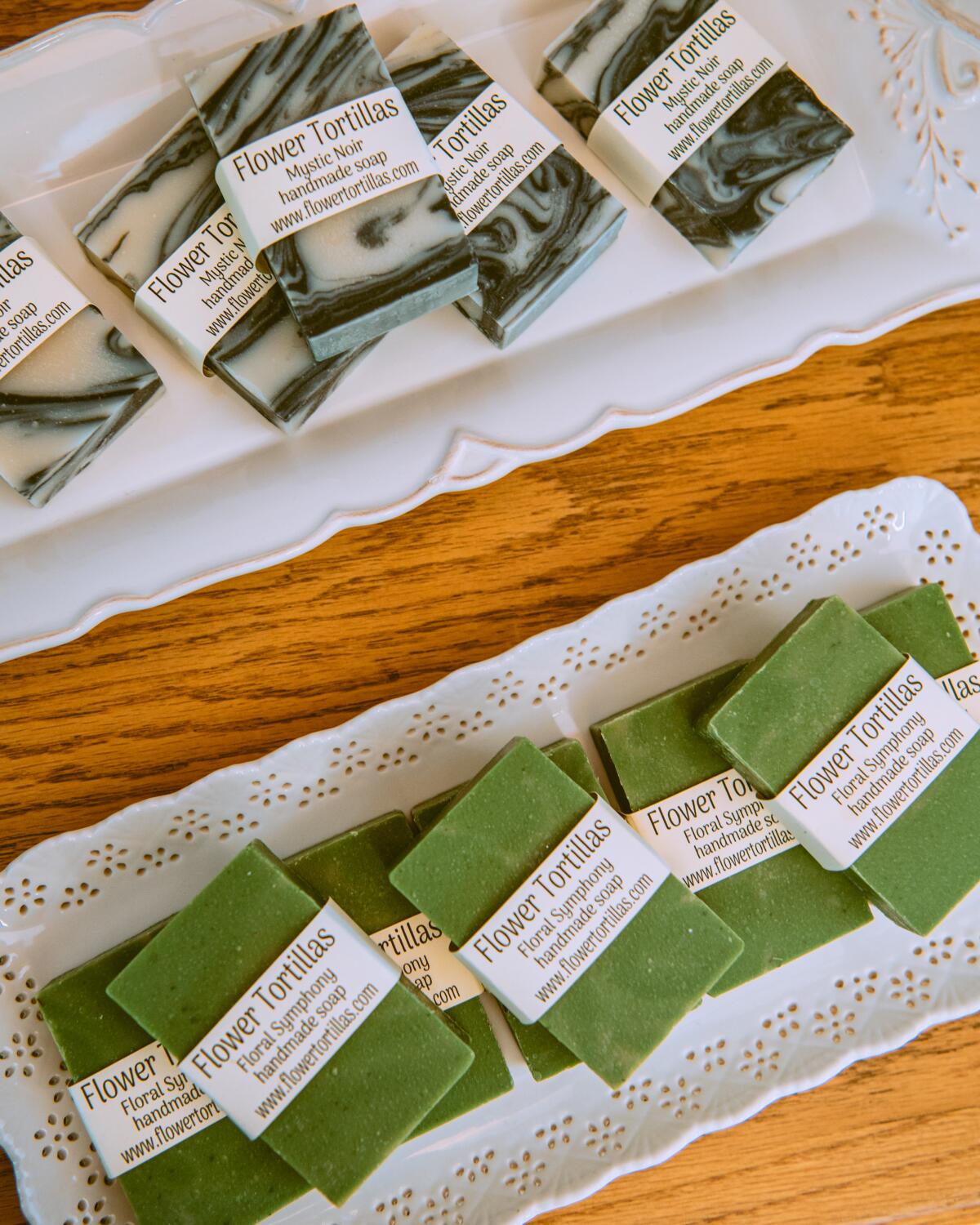 Flower Tortillas soaps on a tray.