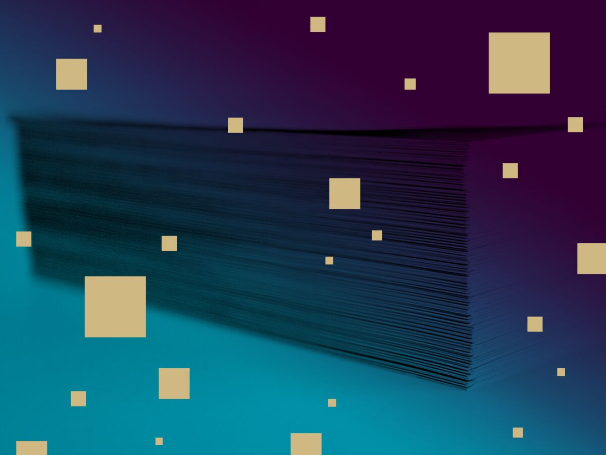 photo illustration of a stack of papers overlaid with scattered pixels
