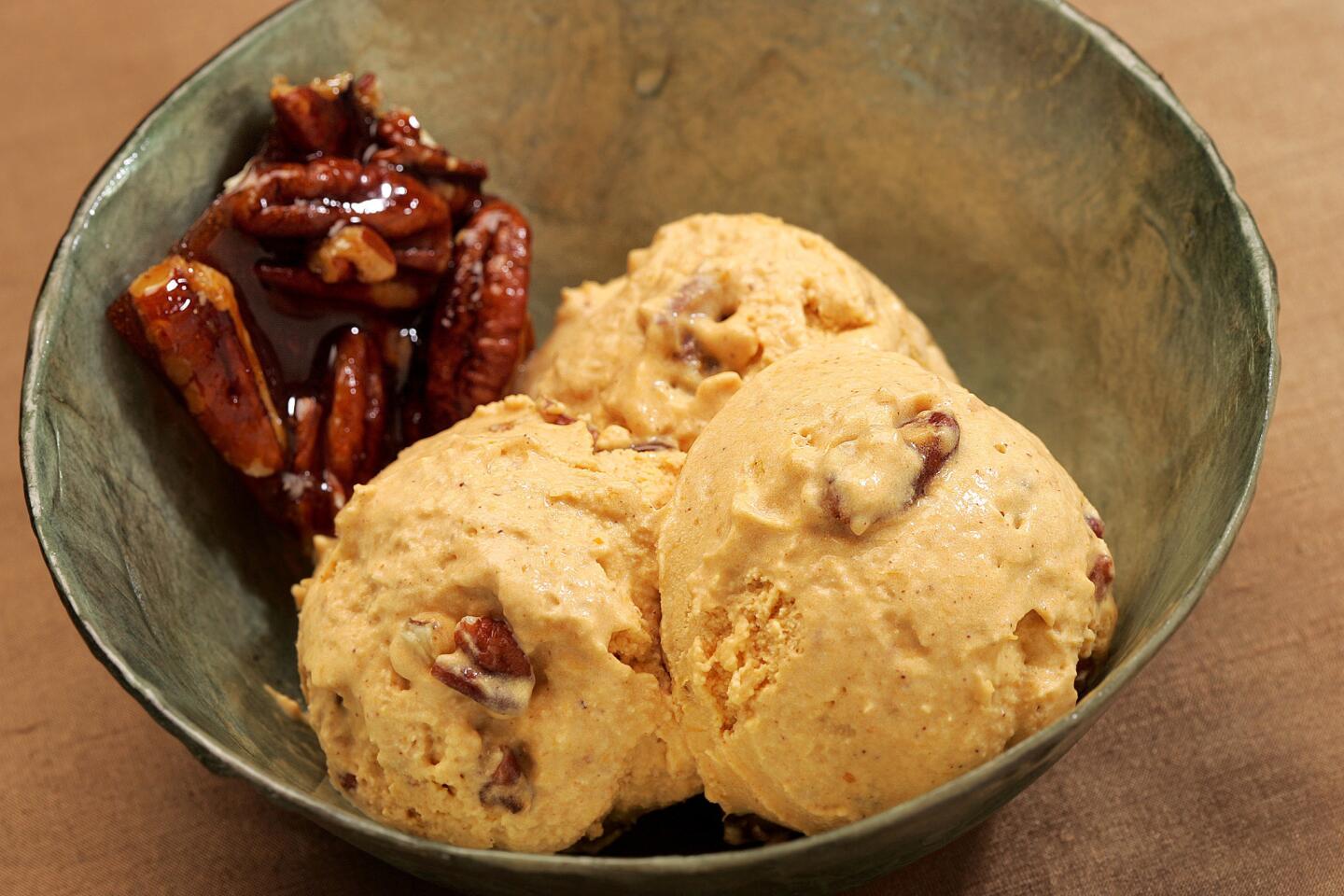 We always get requests for this one at Thanksgiving. Recipe: Pumpkin pie ice cream with pecan praline