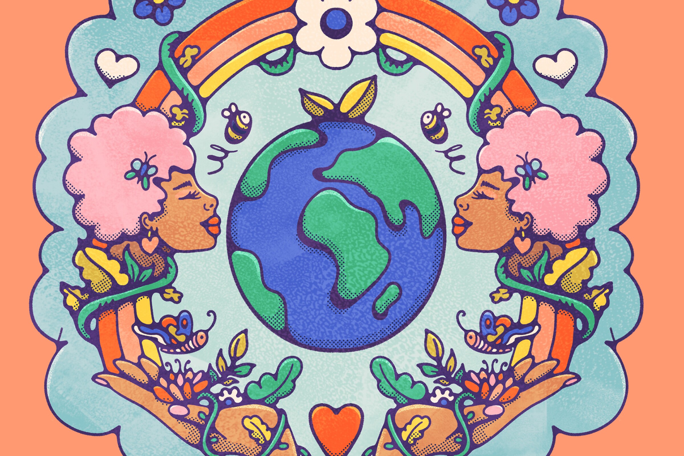 Illustration of faces, entwined with plant-life, looking at a globe in unity.