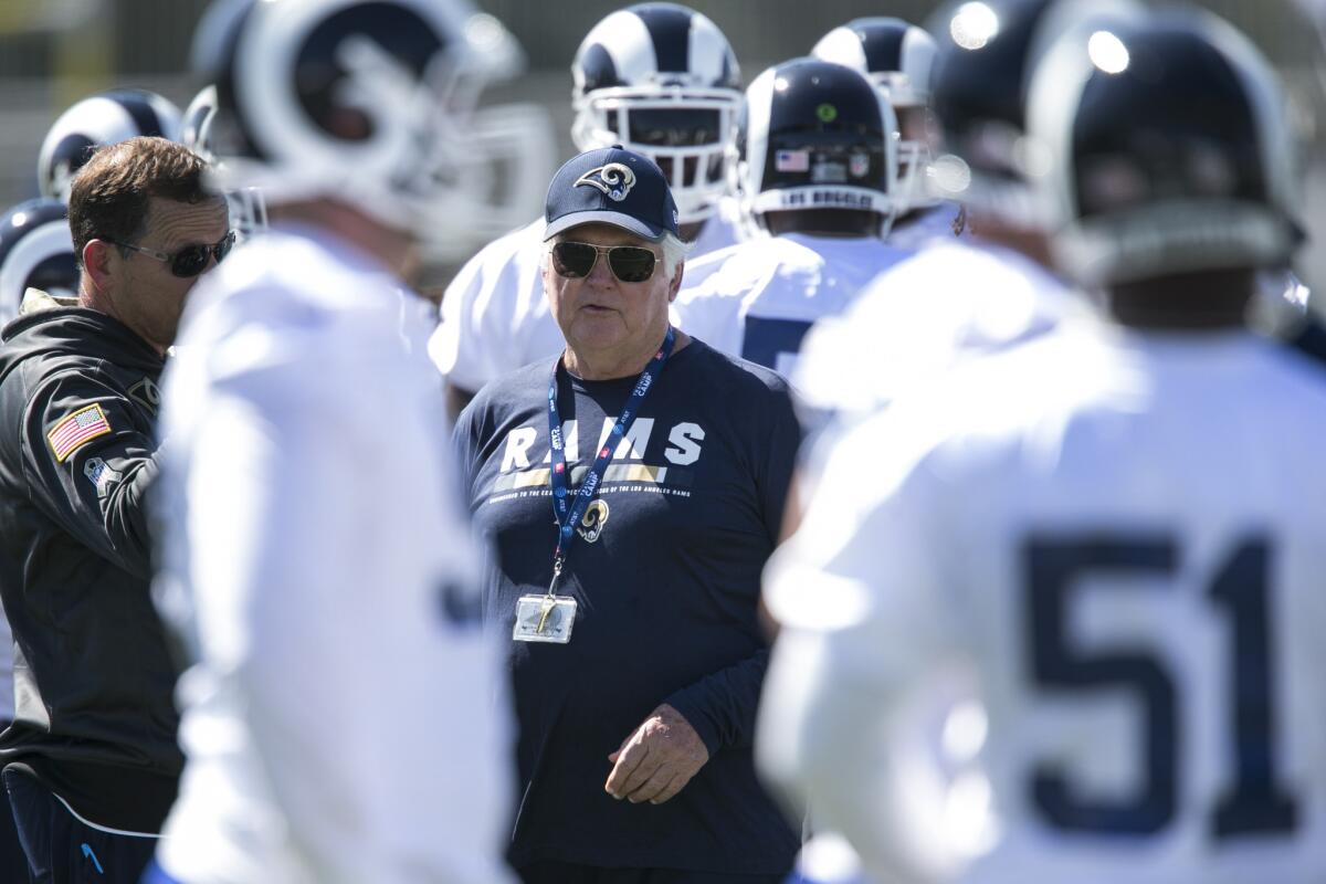Rams defensive coordinator Wade Phillips watches a drill during training camp this summer.