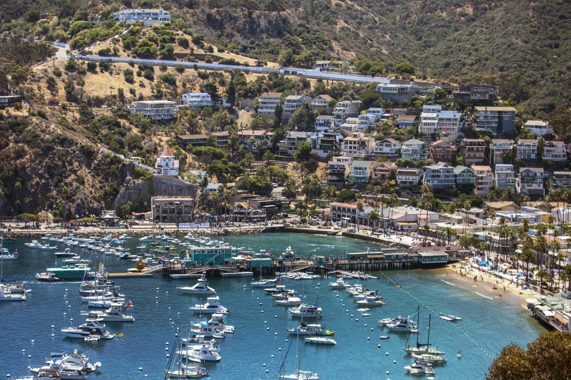 An aerial view of the harbor and hillside of Avalon, Catalina Island 