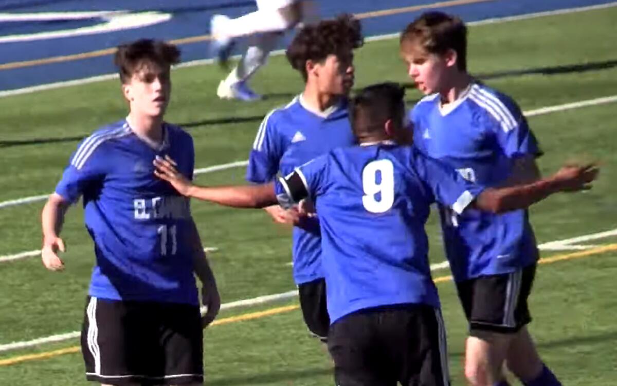El Camino Real teammates celebrate after Luca Thomaseto (11) scored on a penalty kick against Birmingham on Feb. 25, 2020.