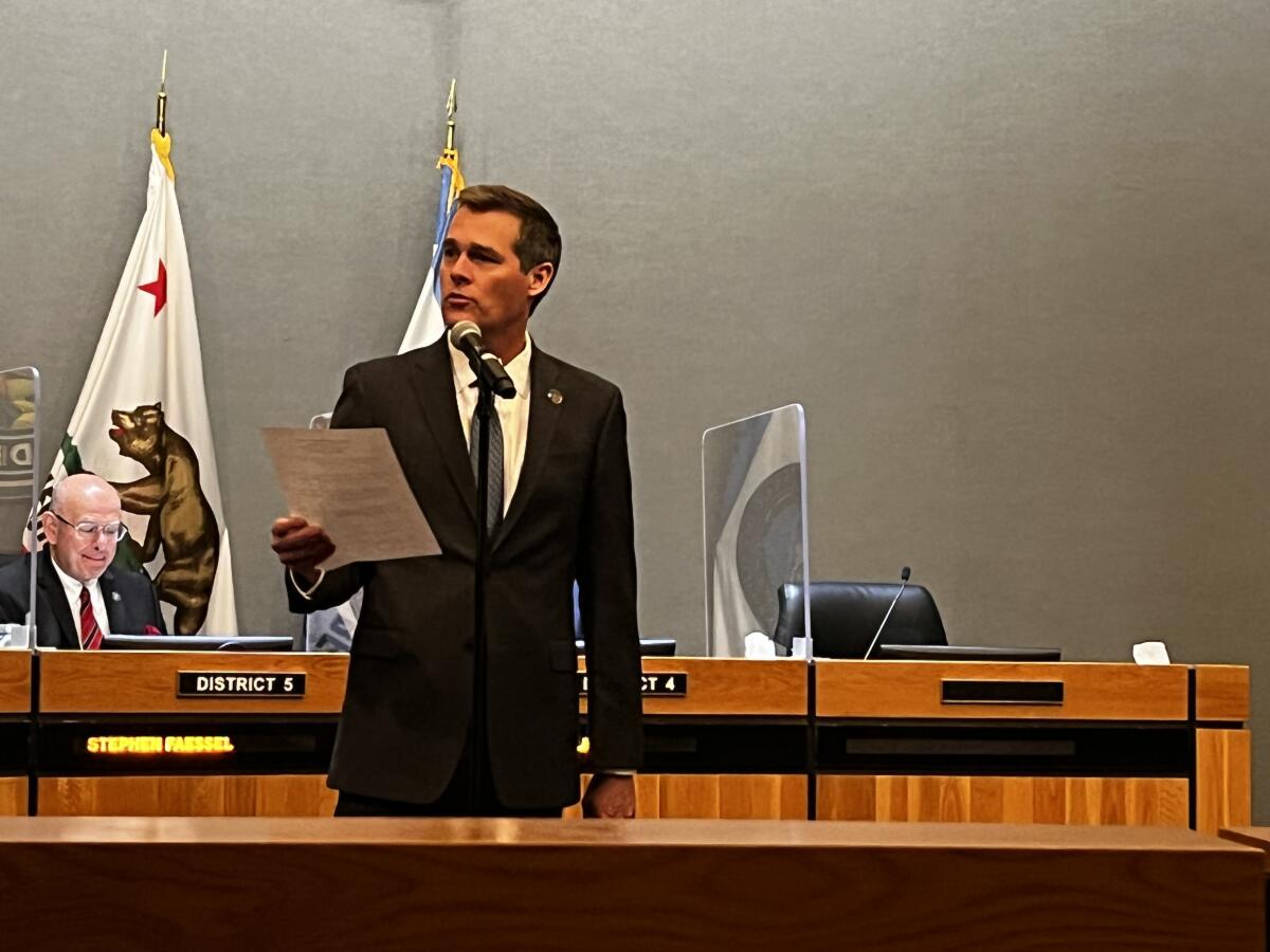 Mayor Pro Tem Trevor O'Neil leads the May 17, 2022 Anaheim City Council meeting with an empty seat left by Sidhu behind him.