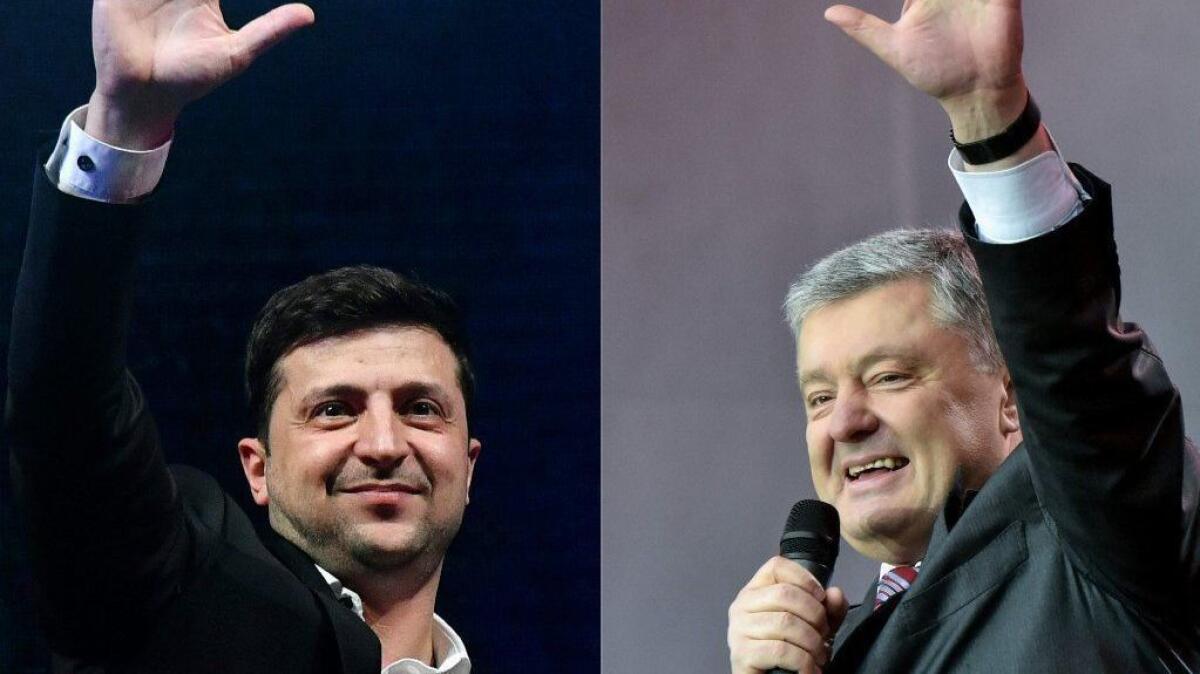 Ukrainians go to the polls Sunday to decide between presidential candidate Volodymyr Zelensky, left, a comedian and television star, and Ukrainian President Petro Poroshenko, right, who has been in office since 2015.