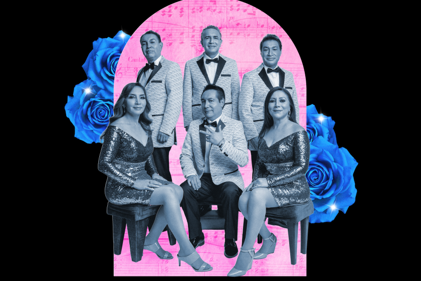 Collage of Los Ángeles Azules in front of blue roses