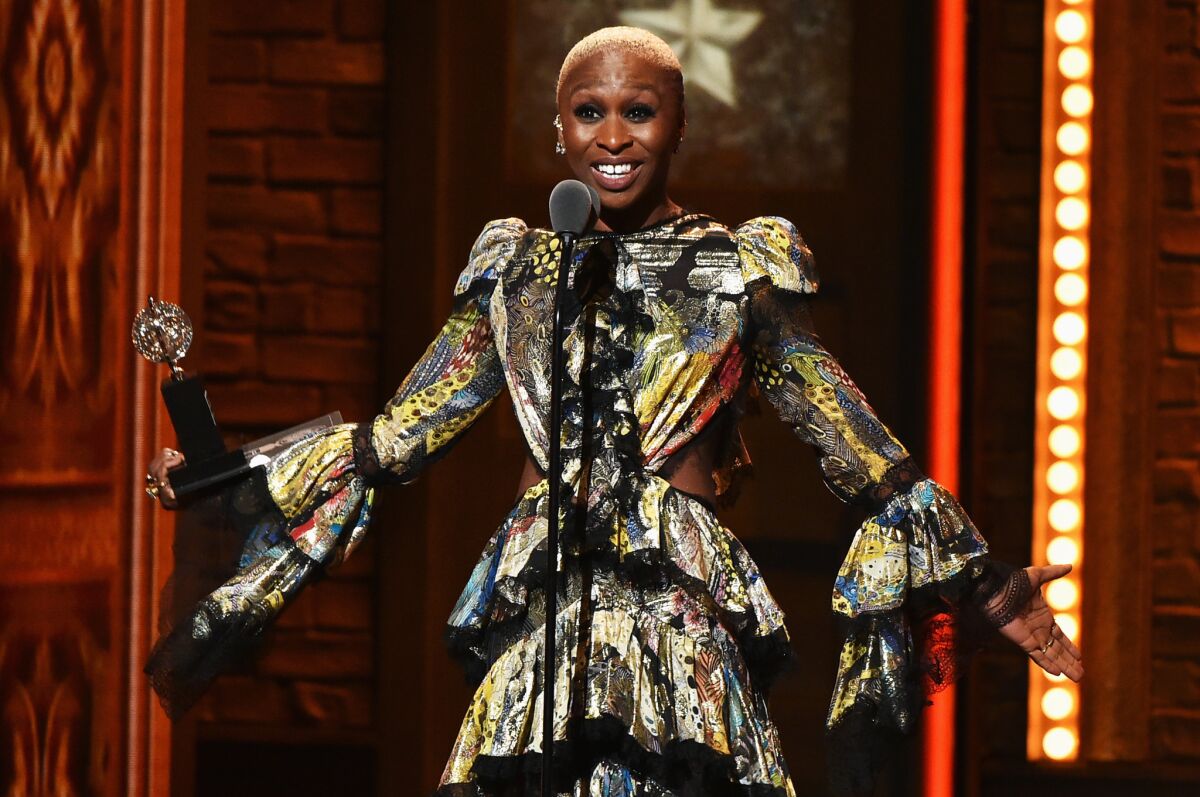 Cynthia Erivo accepts her Tony for lead actress in a musical.