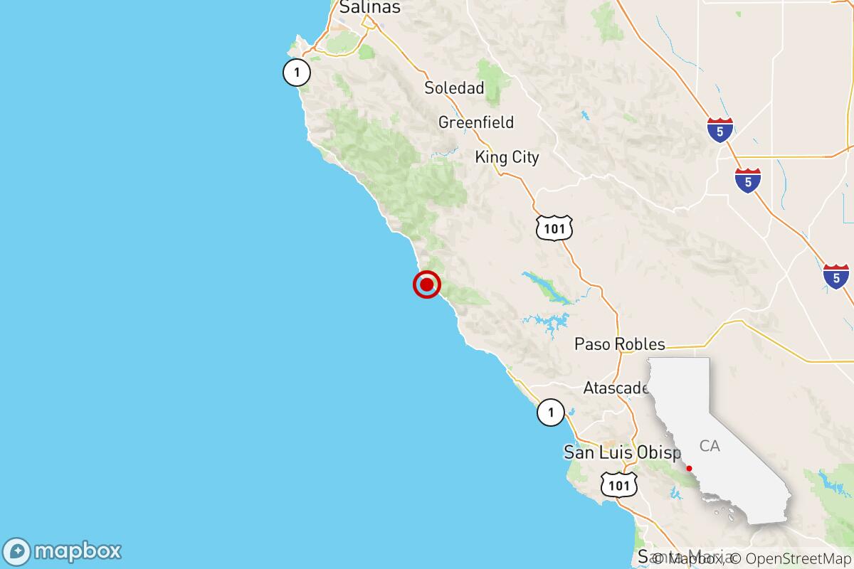 A map showing the location of the epicenter of the earthquake reported 28 miles from King City, Calif., early Sunday.