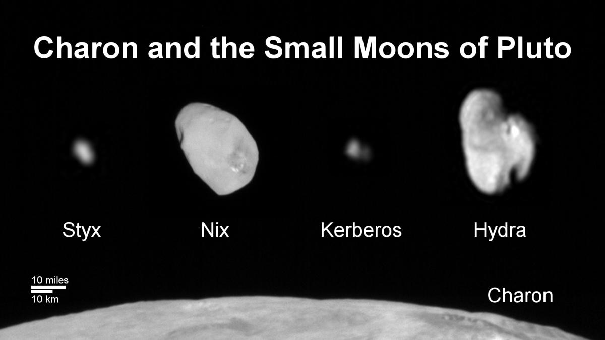 This composite image shows a sliver of Pluto’s large moon, Charon, and all four of Pluto’s small moons, as resolved by the Long Range Reconnaissance Imager on the New Horizons spacecraft.