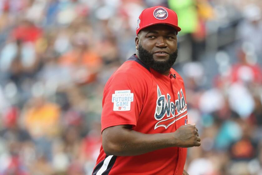 WASHINGTON, DC - JULY 15: Manager David Ortiz of the World Team looks on against the U.S. Team during the SiriusXM All-Star Futures Game at Nationals Park on July 15, 2018 in Washington, DC. (Photo by Rob Carr/Getty Images) ** OUTS - ELSENT, FPG, CM - OUTS * NM, PH, VA if sourced by CT, LA or MoD **