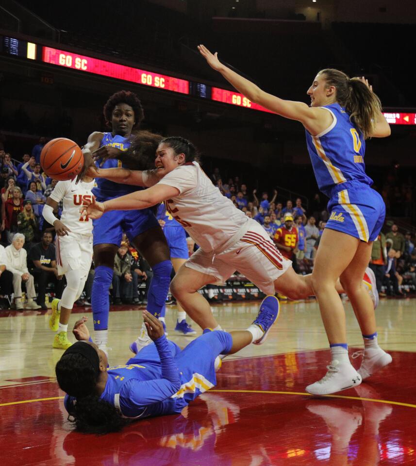 USC forward Alissa Pili (35) is called for an offensive foul as she drives the basket during the fourth quarter of a game Jan. 17 at Galen Center.