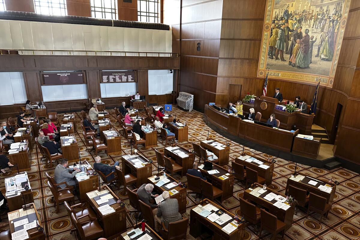 The Oregon Senate is seen in session at the state capitol in Salem, Ore.