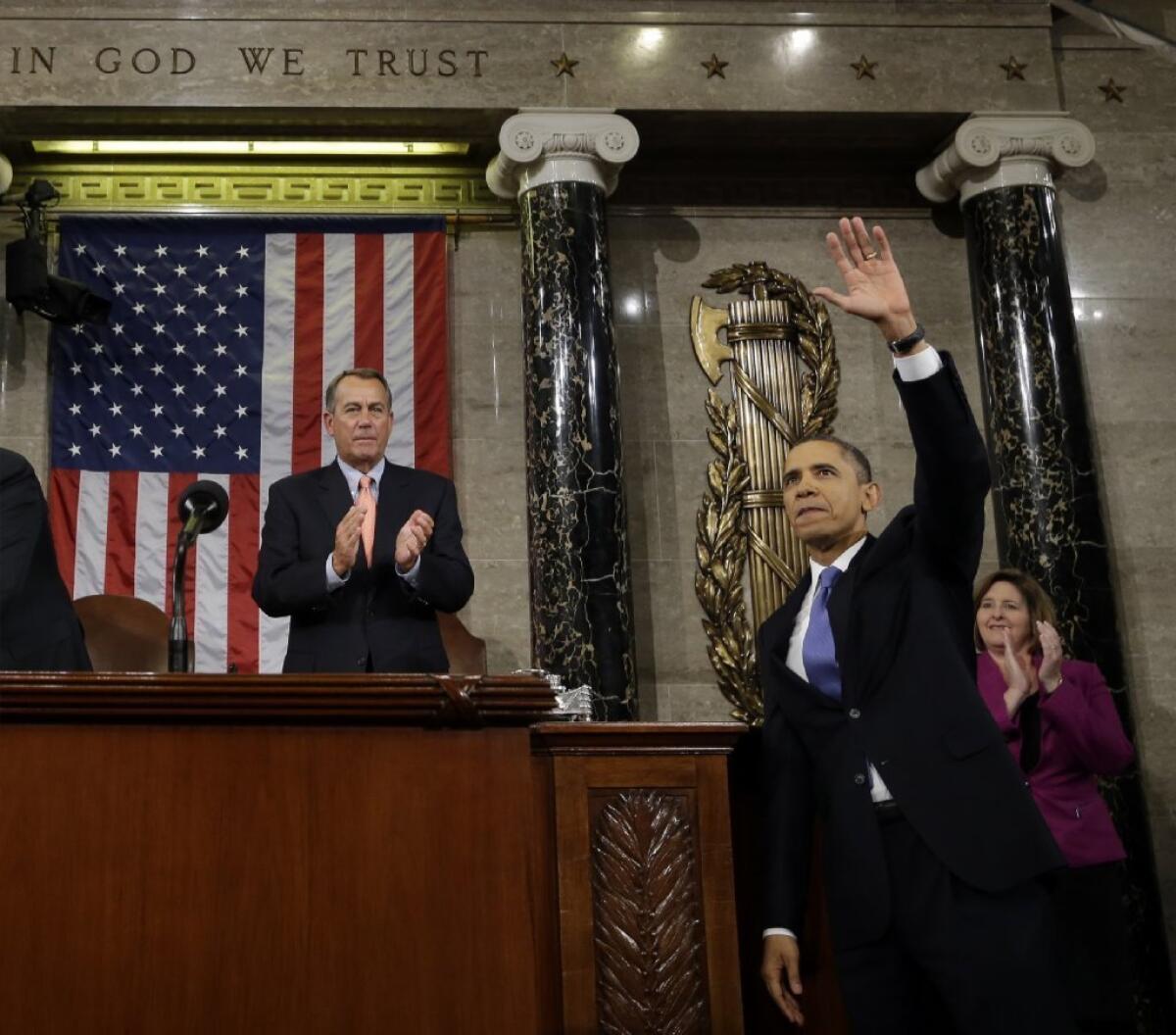 President Obama waves after his 2013 State of the Union address.