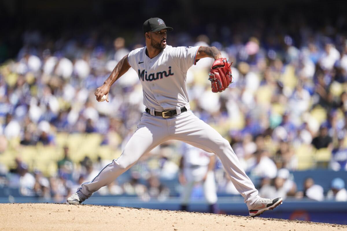 Miami Marlins starting pitcher Sandy Alcantara delivers against the Dodgers on Sunday.