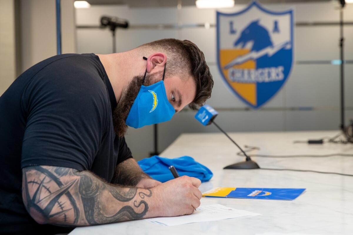 New Chargers offensive lineman Matt Feiler is pictured during an introductory news conference March 19, 2021.