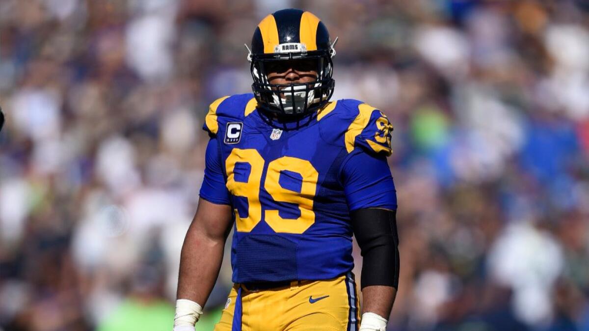 Rams defensive tackle Aaron Donald is owed $1.8 million in salary and $1.4 million in bonuses this season, well below his value as one of the best defensive players in the NFL.