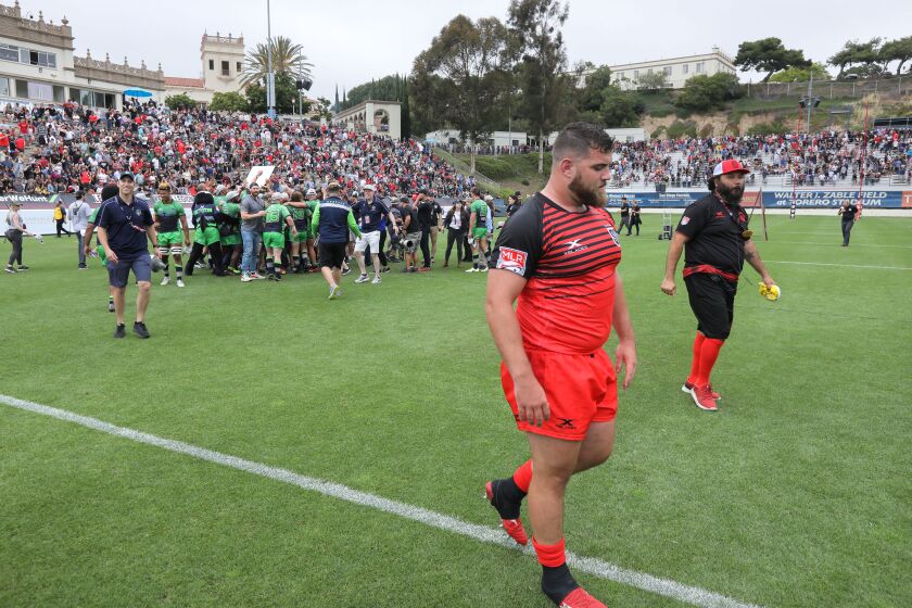 San Diego Legion's Dino Waldren walks away as the Seattle Seawolves celebrate their victory Sunday at USD.