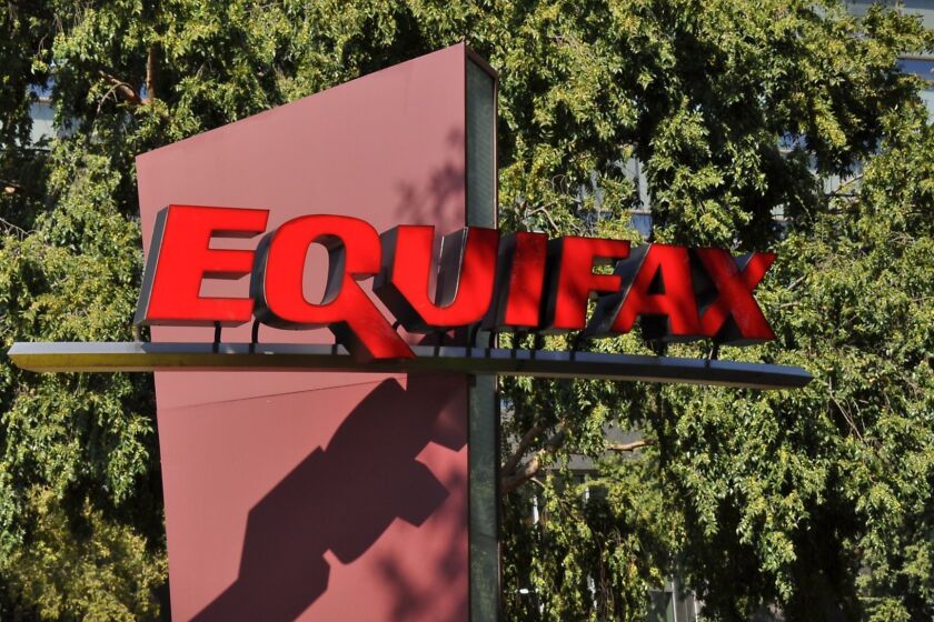 Sign with logo and a portion of the main building are visible at the headquarters of credit bureau Equifax in downtown Atlanta, Georgia, September 20, 2017. In September of 2017, a data breach at Equifax exposed the personal information of thousands of customers. (Photo via Smith Collection/Gado/Getty Images) ** OUTS - ELSENT, FPG, CM - OUTS * NM, PH, VA if sourced by CT, LA or MoD **