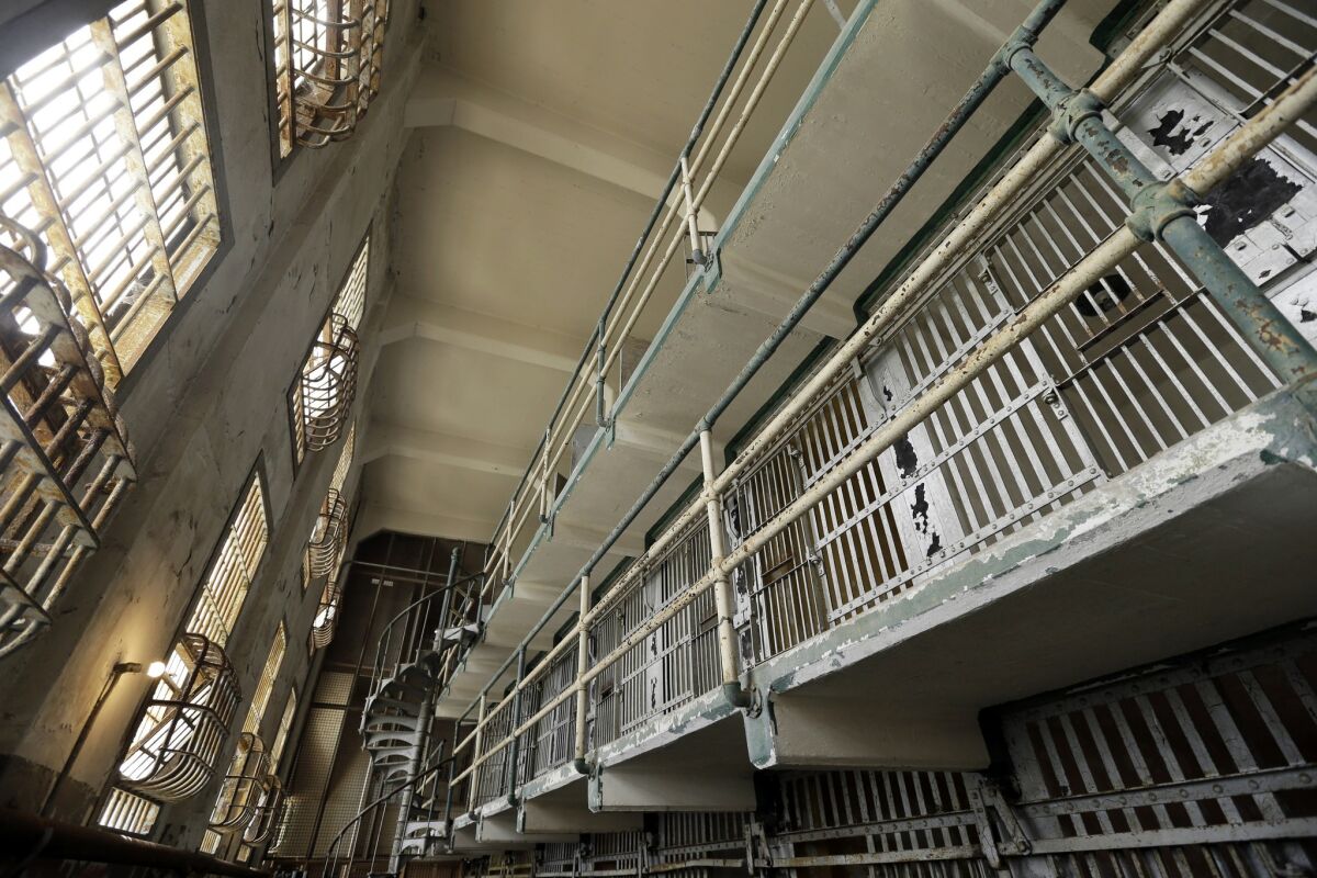 Shown are cells on A block of the main cell house on Alcatraz Island Wednesday, July 1, 2015, in San Francisco. (AP Photo/Eric Risberg)