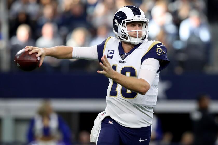 ARLINGTON, TEXAS - DECEMBER 15: Jared Goff #16 of the Los Angeles Rams looks for an open receiver against the Dallas Cowboys in the first quarter at AT&T Stadium on December 15, 2019 in Arlington, Texas. (Photo by Tom Pennington/Getty Images)