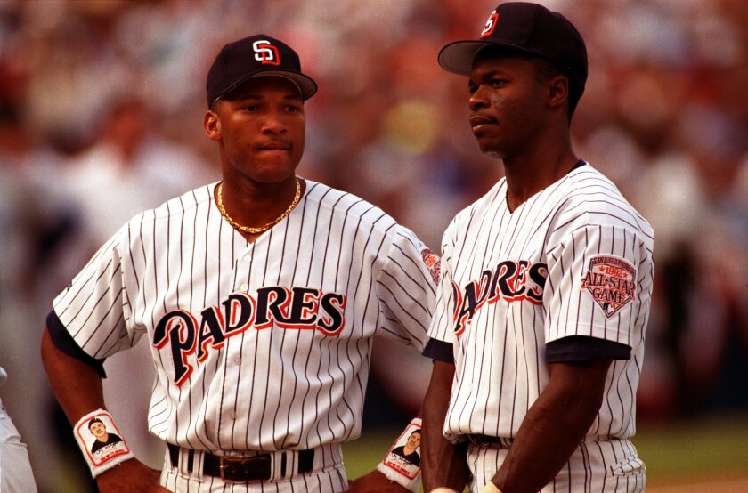 Padres third baseman Gary Sheffield stands with shortstop Tony Fernandez during All-Star Game introductions at Jack Murphy Stadium on July 14, 1992. Sheffield earned the first of nine All-Star invites with 18 homers, 62 RBIs and a .942 OPS in 84 games.