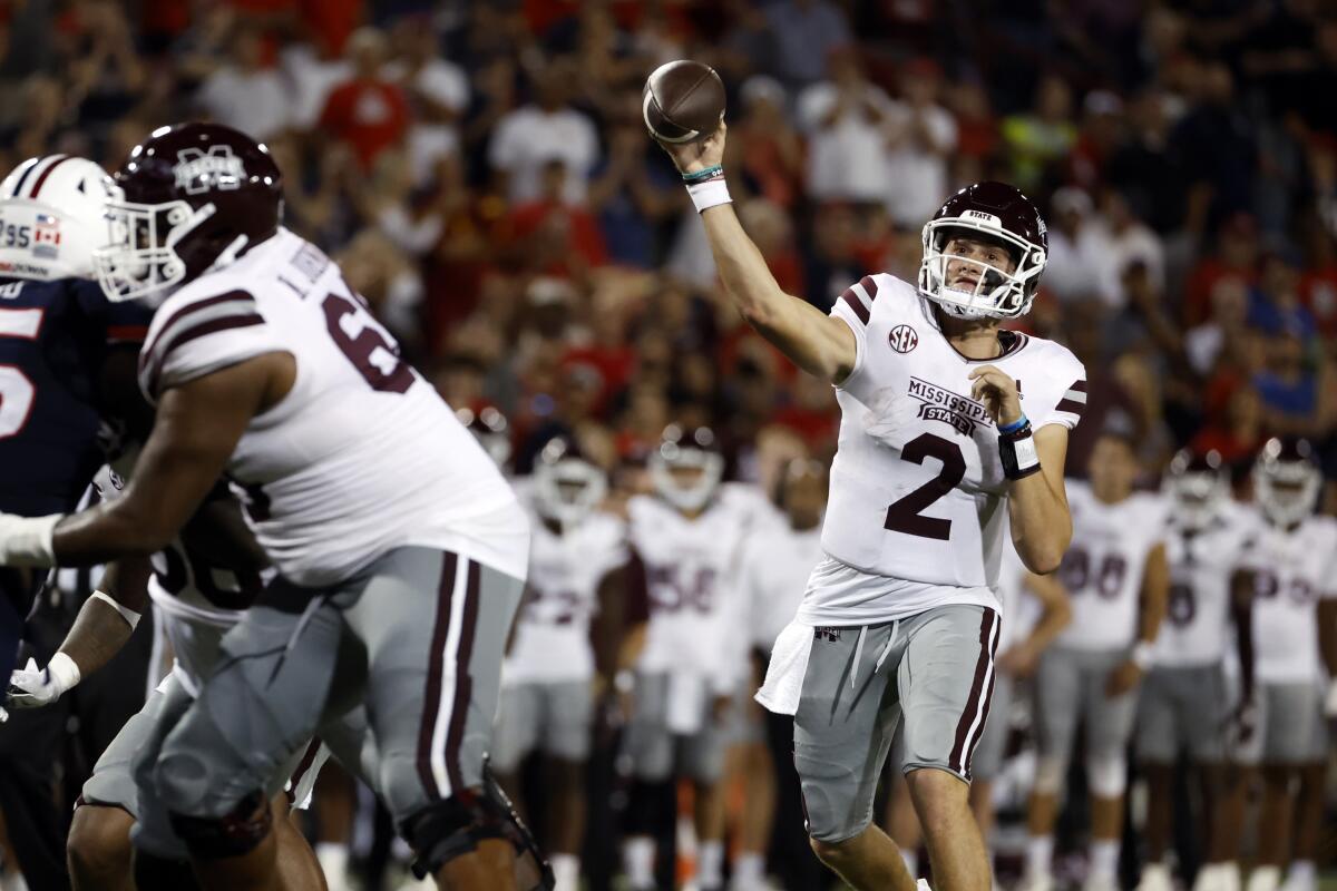Mississippi State quarterback Will Rogers throws a touchdown in the second half against Arizona during a NCAA college football game Saturday, Sept. 10, 2022, in Tucson, Ariz. (AP Photo/Chris Coduto)