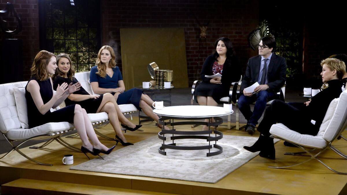 The Envelope talks with lead actresses Emma Stone, left, Natalie Portman, Amy Adams, Annette Bening, Ruth Negga (not pictured, next to Annette Bening).
