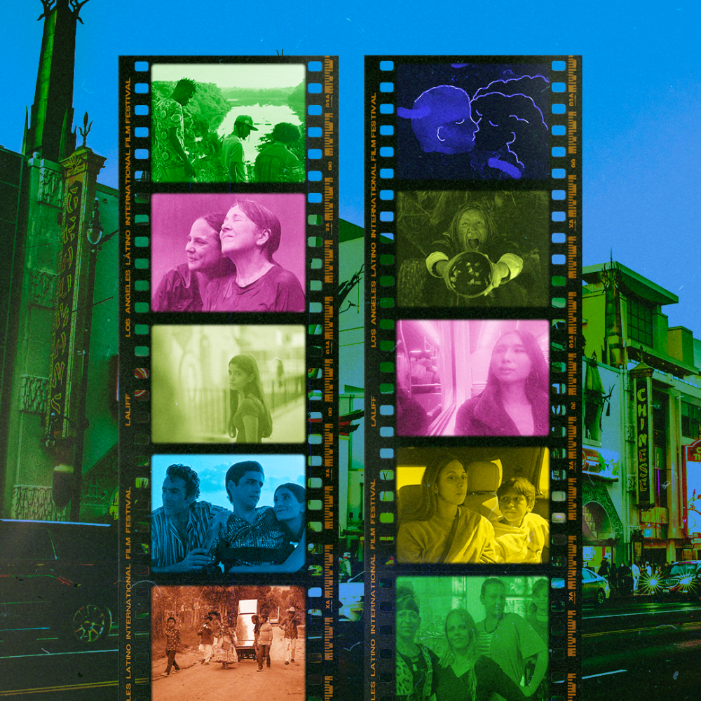Film strips with LALIFF movie stills inside and the TCL Chinese theater in the background