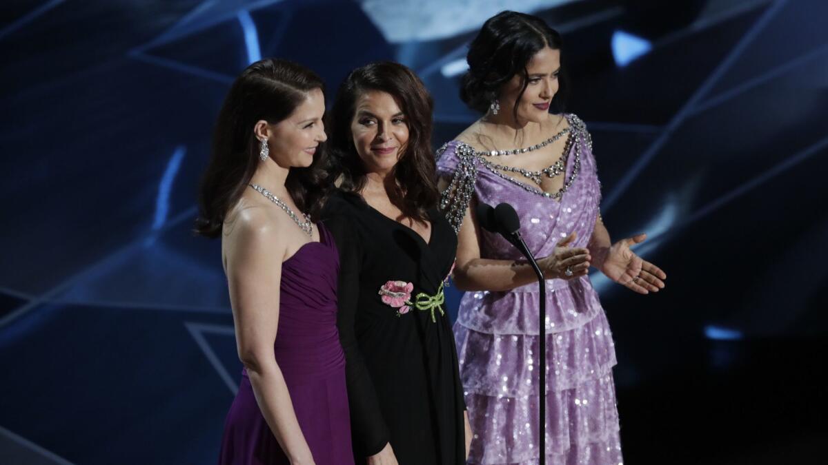 Ashley Judd, Annabella Sciorra and Selma Hayek Pinault during the telecast of the 90th Academy Awards on Sunday, March 4, 2018 in the Dolby Theatre at Hollywood & Highland Center in Hollywood, CA.