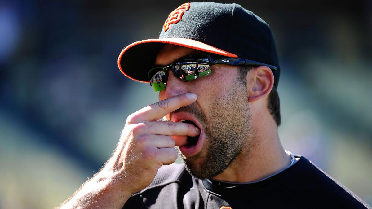 Utility player Mark DeRosa loads a wad of smokeless tobacco while playing for the San Francisco Giants before a game against the Dodgers on March 31, 2011. The use of smokeless tobacco is prevalent in the major leagues.