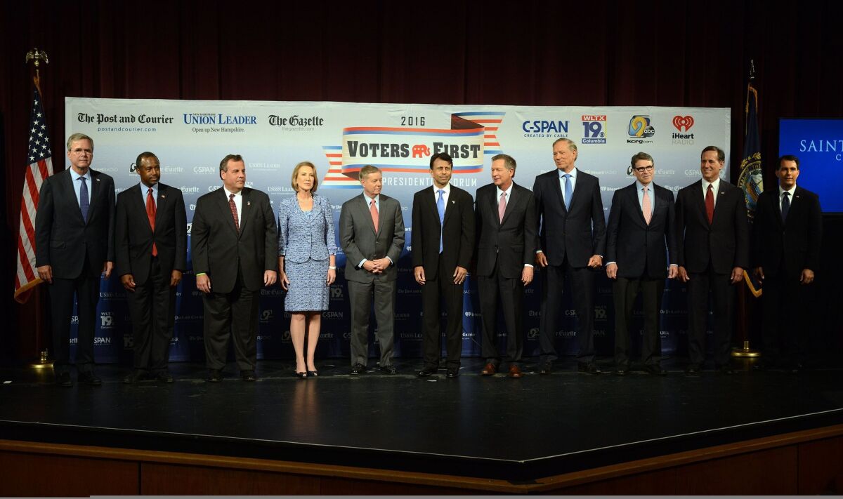 The Republican candidates for president before the Voters First Presidential Forum for Republicans at Saint Anselm College in Manchester, N.H., on Monday, Aug. 3.