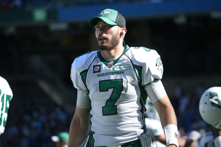 TORONTO, CANADA - JULY 5: Seth Doege #7 of the Saskatchewan Roughriders on the sideline during CFL.