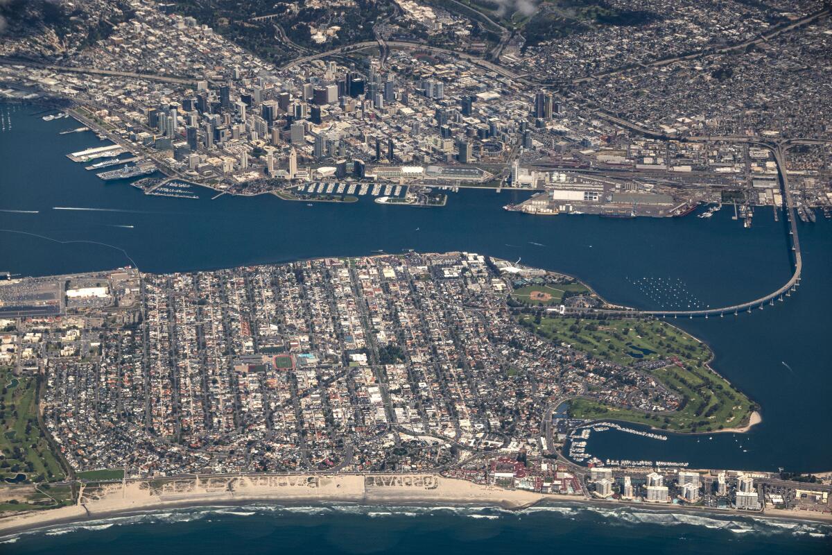 San Diego Bay is flanked by Coronado and downtown San Diego.