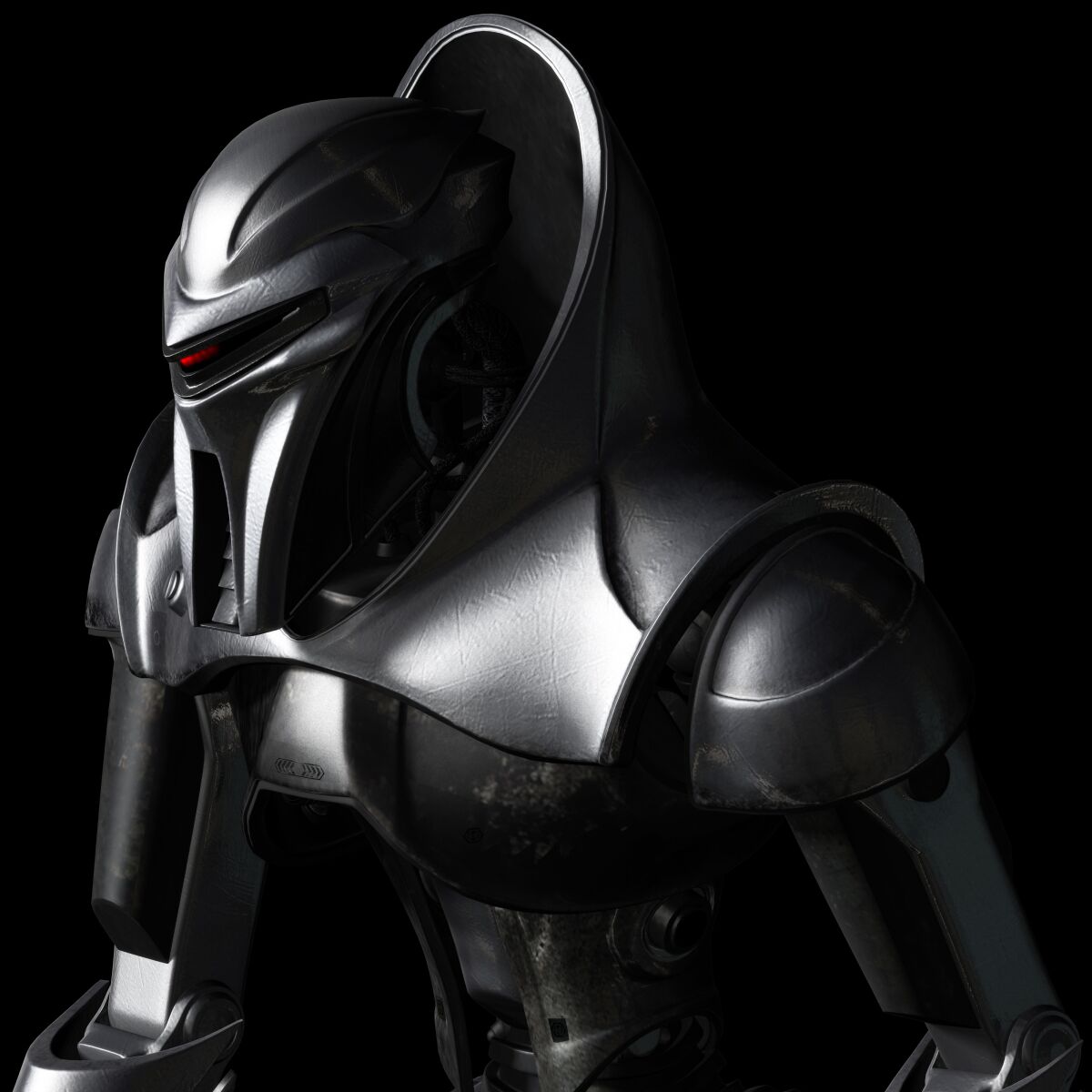 A silver robot with red "eye."