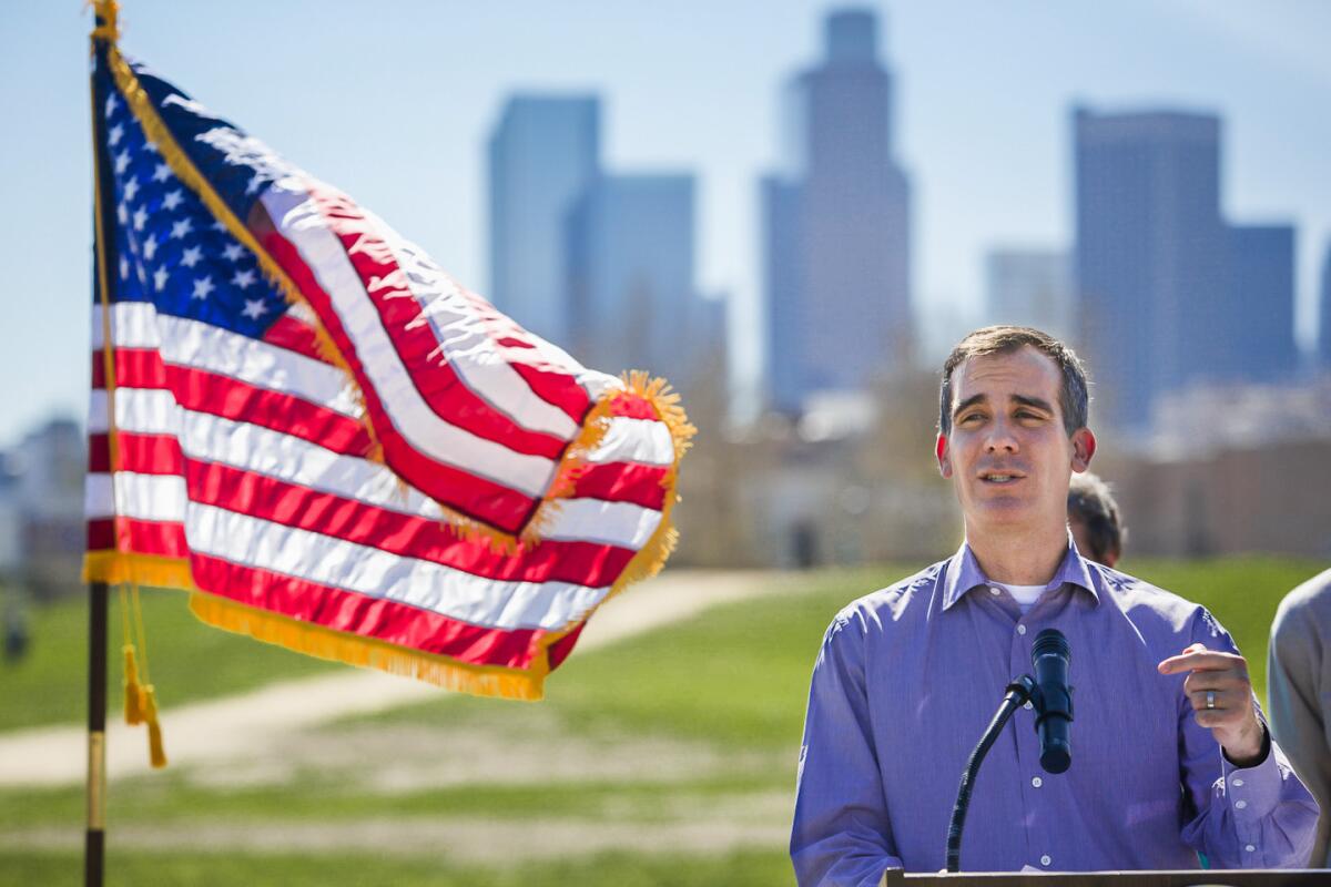 Los Angeles Mayor Eric Garcetti, shown at a news conference last month, will deliver his first State of the City address Thursday. The speech will be closed to the public, but can be viewed live online, officials said.