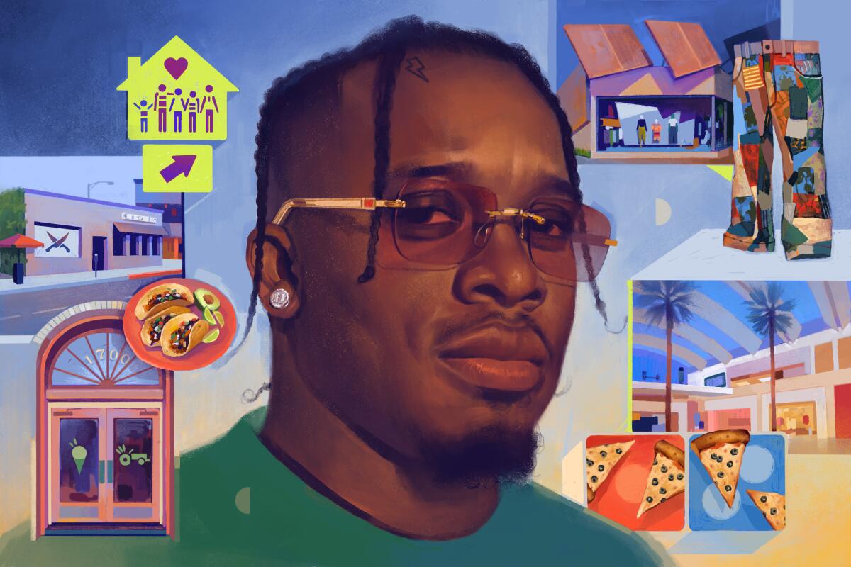 Illustrated portrait of Blxst surrounded by vegan restaurants, tacos, a clothing shop, designer trousers, and pizza