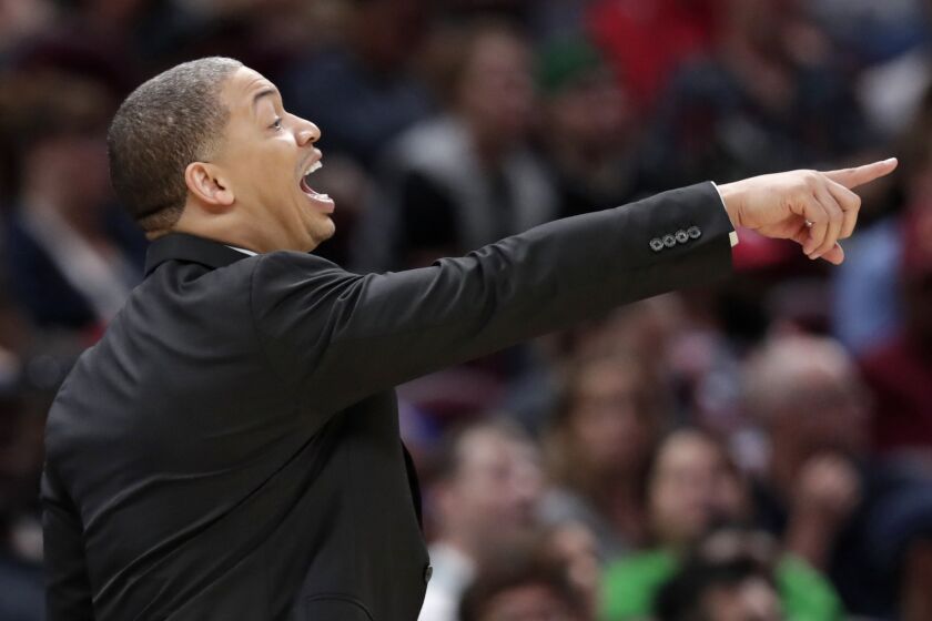 FILE - In this Oct. 6, 2018, file photo, Cleveland Cavaliers head coach Tyronn Lue yells instructions to players in the second half of an NBA preseason basketball game against the Boston Celtics, in Cleveland. Tyronn Lue has agreed in principle to become the next coach of the Los Angeles Clippers. Final terms were still being worked on, according to the person who spoke to The Associated Press on condition of anonymity Thursday, Oct. 15, 2020, because no contract had been signed. (AP Photo/Tony Dejak, File)