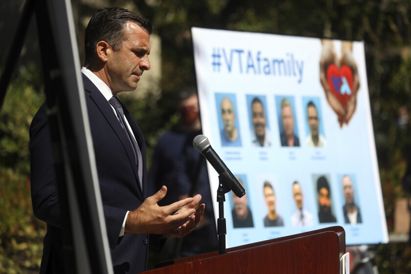 FILE - In this May 27, 2021, file photo, San Jose Mayor Sam Liccardo speaks during a news conference honoring nine people killed by a coworker in San Jose, Calif. San Jose officials passed a new gun law that requires retailers to video-record all firearm purchases, becoming the largest city in California to have such a rule. The City Council unanimously approved the new law Tuesday, June 15, 2021, less than a month after a disgruntled employee fatally shot nine of his co-workers and then himself at a rail yard in San Jose, according to police. (Aric Crabb/Bay Area News Group via AP, File)