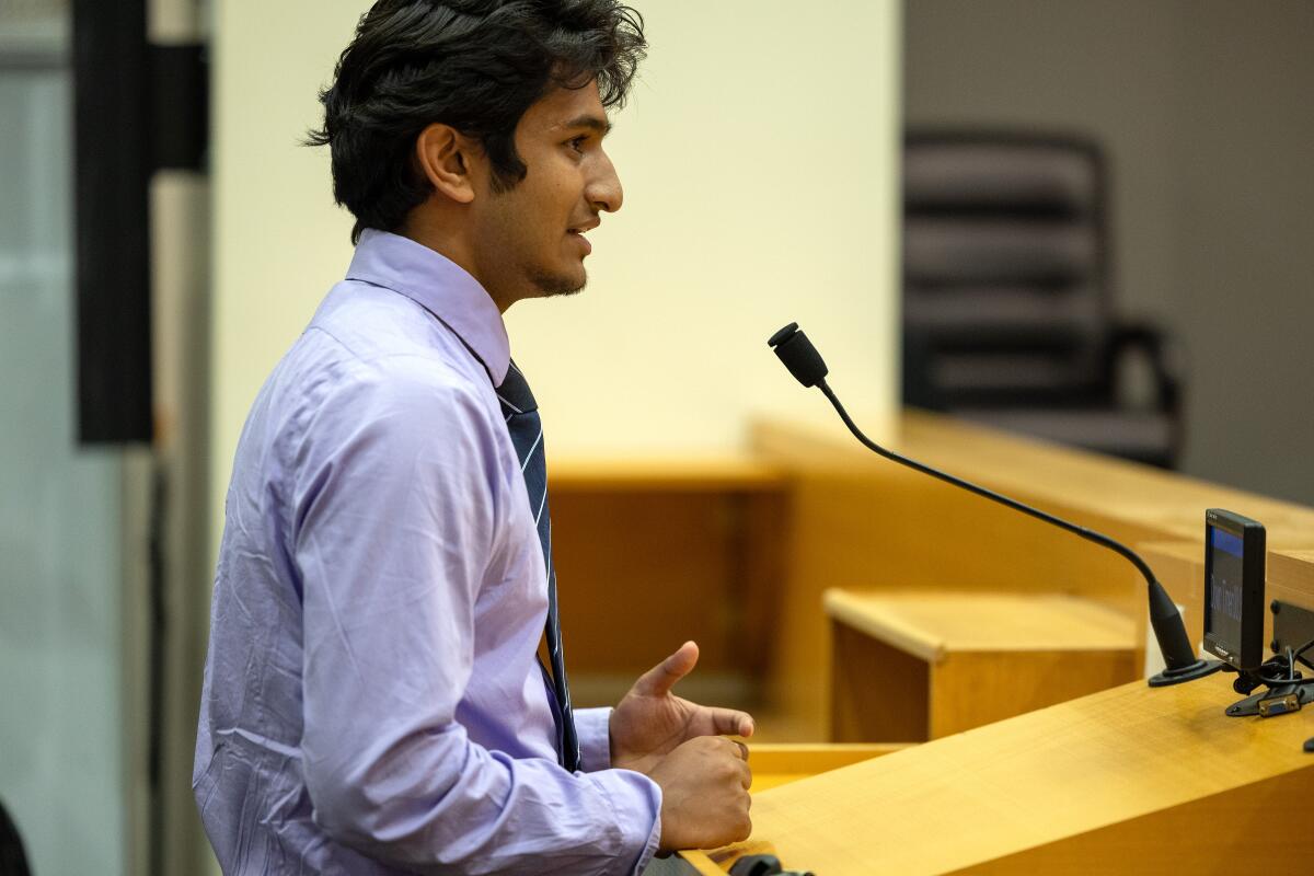 Rising senior Neel Thakkar addresses LAUSD board, as they consider to pass a resolution detailing a phone-free school day.