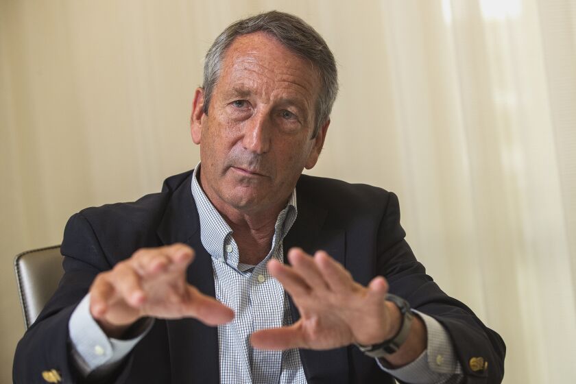 LOS ANGELES, CA-SEPTEMBER 27, 2019: Mark Sanford, former Governor of South Carolina and U.S. Representative for South CarolinaÕs 1st Congressional district, talks to reporter during interview after speaking at USC as the keynote speaker for the Dis-United States: Tribalism in American Politics. Sanford is a candidate for the Republican Party nomination in the 2020 United States presidential election. (Mel Melcon/Los Angeles Times)