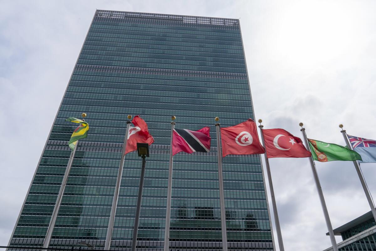 Member state flags fly outside the United Nations headquarters, Friday, Sept. 18, 2020, in New York. (AP Photo/Mary Altaffer)