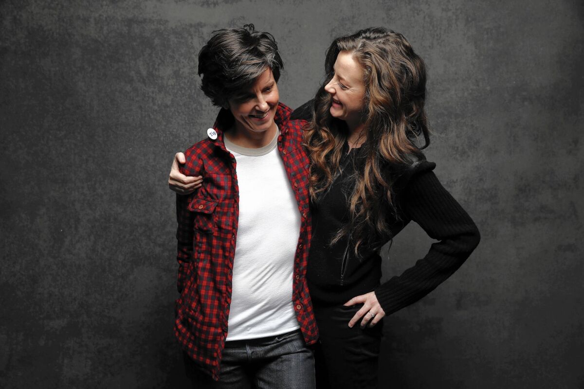 Tig Notaro, left, and fiancee Stephanie Allynne from the movie "Tig" at the L.A. Times photo & video studio at the Sundance Film Festival on Jan. 25, 2015.