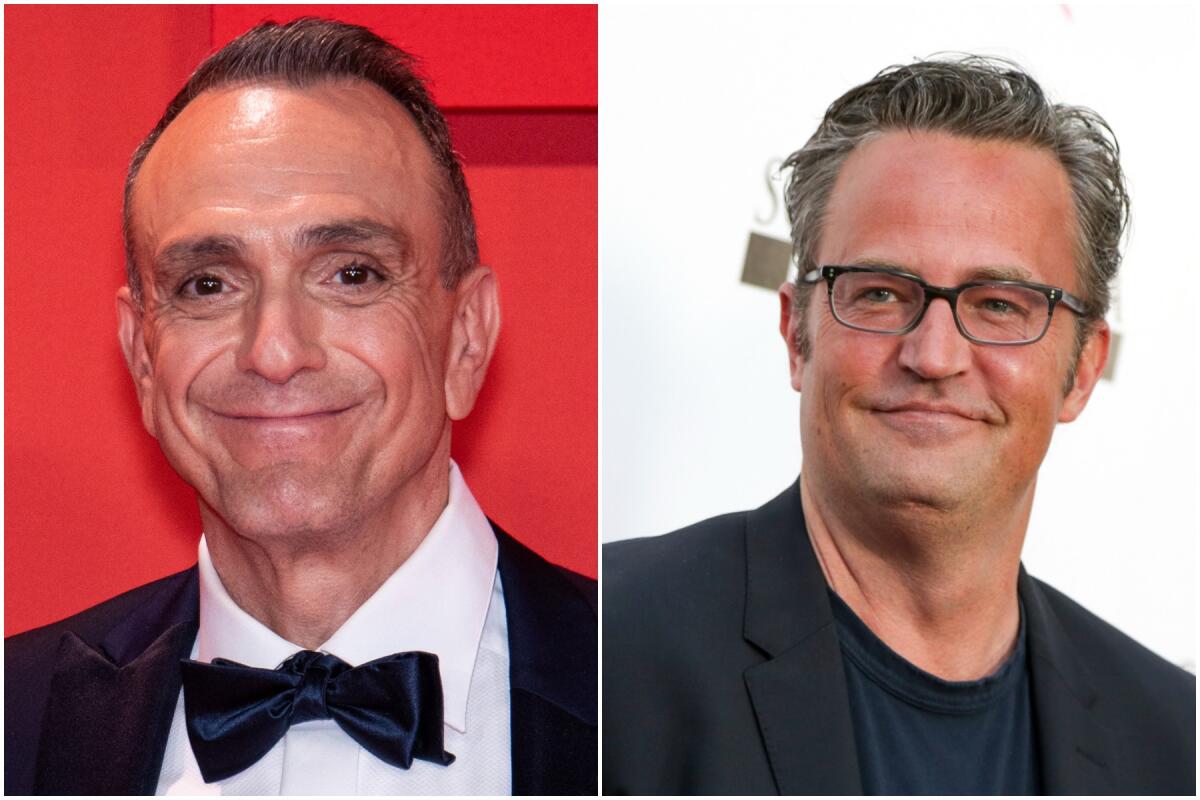 Separate headshots of Hank Azaria in a tuxedo and Matthew Perry wearing glasses, a black blazer and a dark shirt