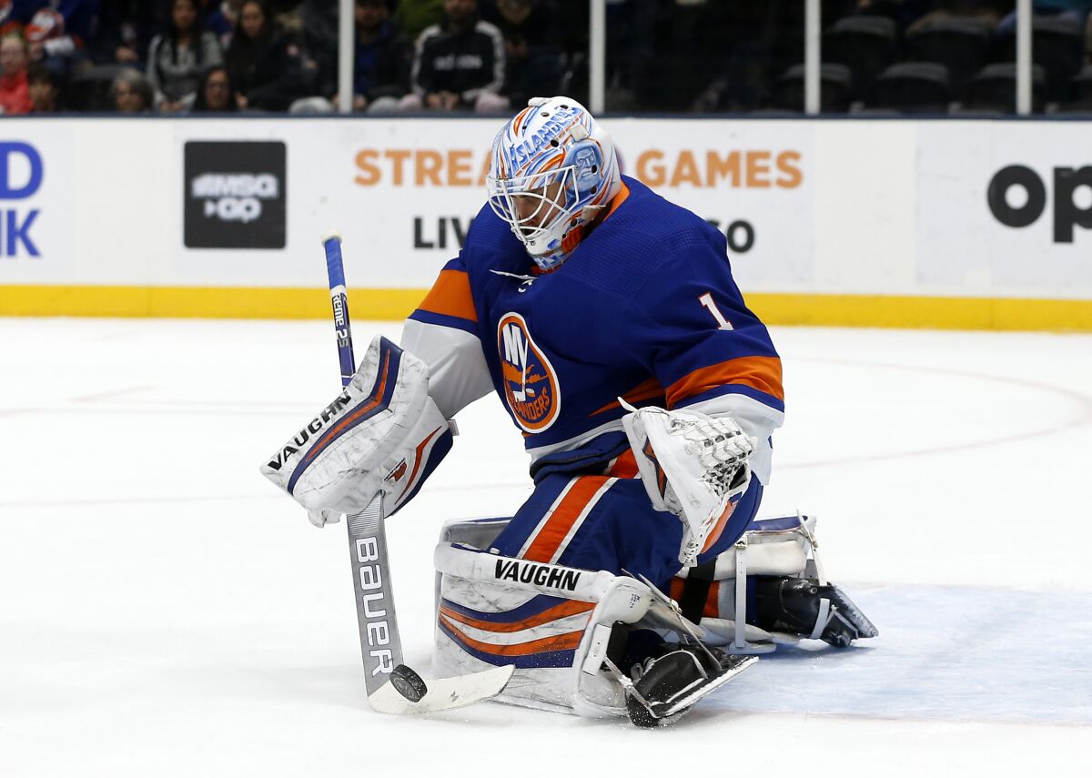 Islanders goaltender Thomas Greiss defends the net during a game against the Carolina Hurricanes on March 7, 2020.