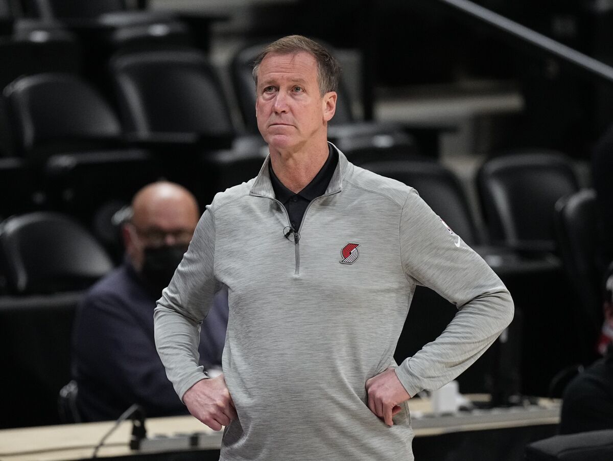 Former Portland Trail Blazers coach Terry Stotts watches from the sideline during a playoff game against the Denver Nuggets.