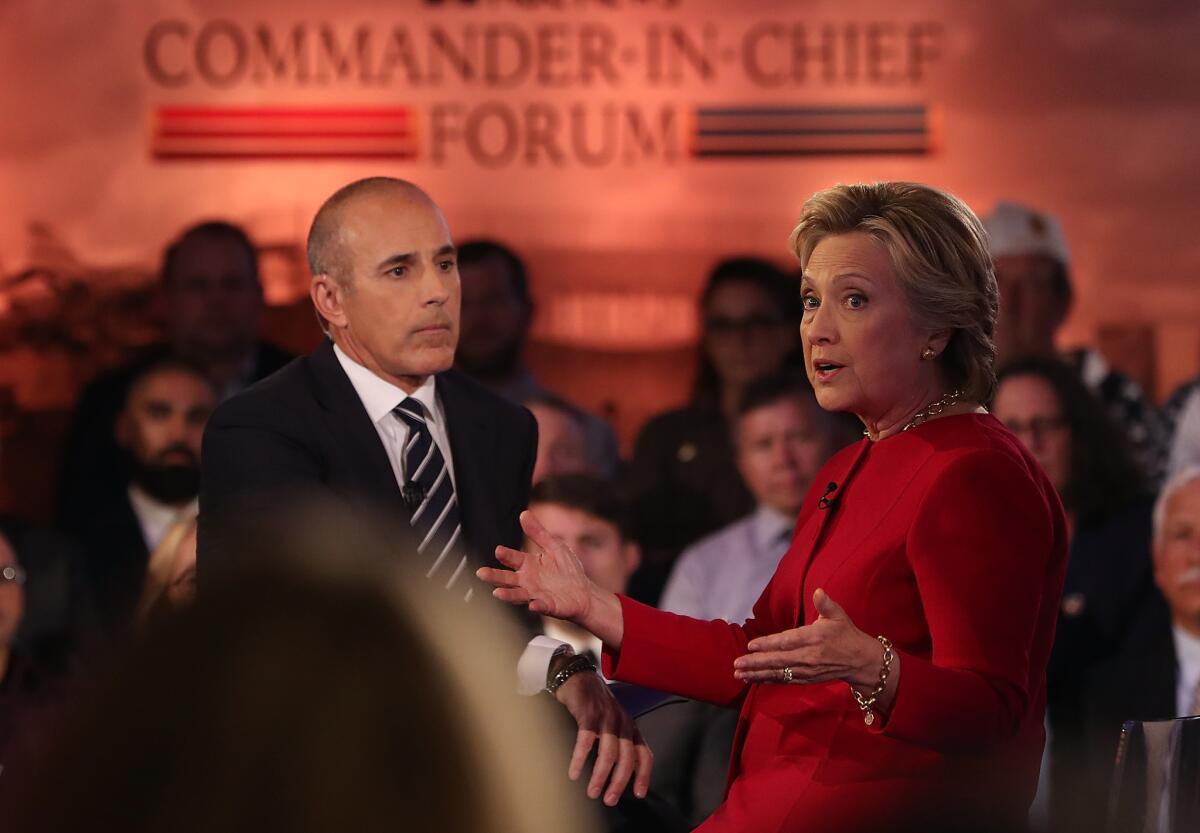 Matt Lauer and Hillary Clinton in 2016 during NBC News' Commander-in-Chief Forum in New York City.