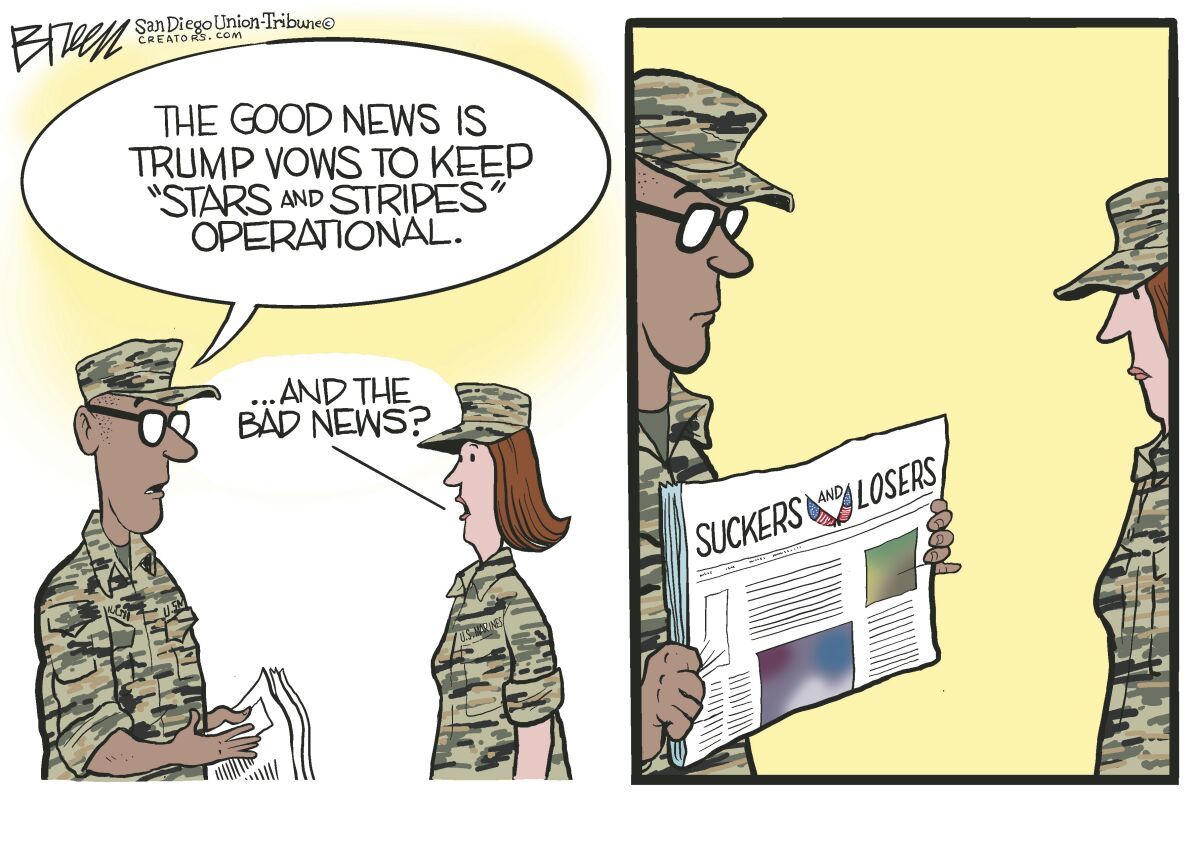 In this Breen cartoon, Trump renames "Stars and Stripes" newspaper "Suckers and Losers"