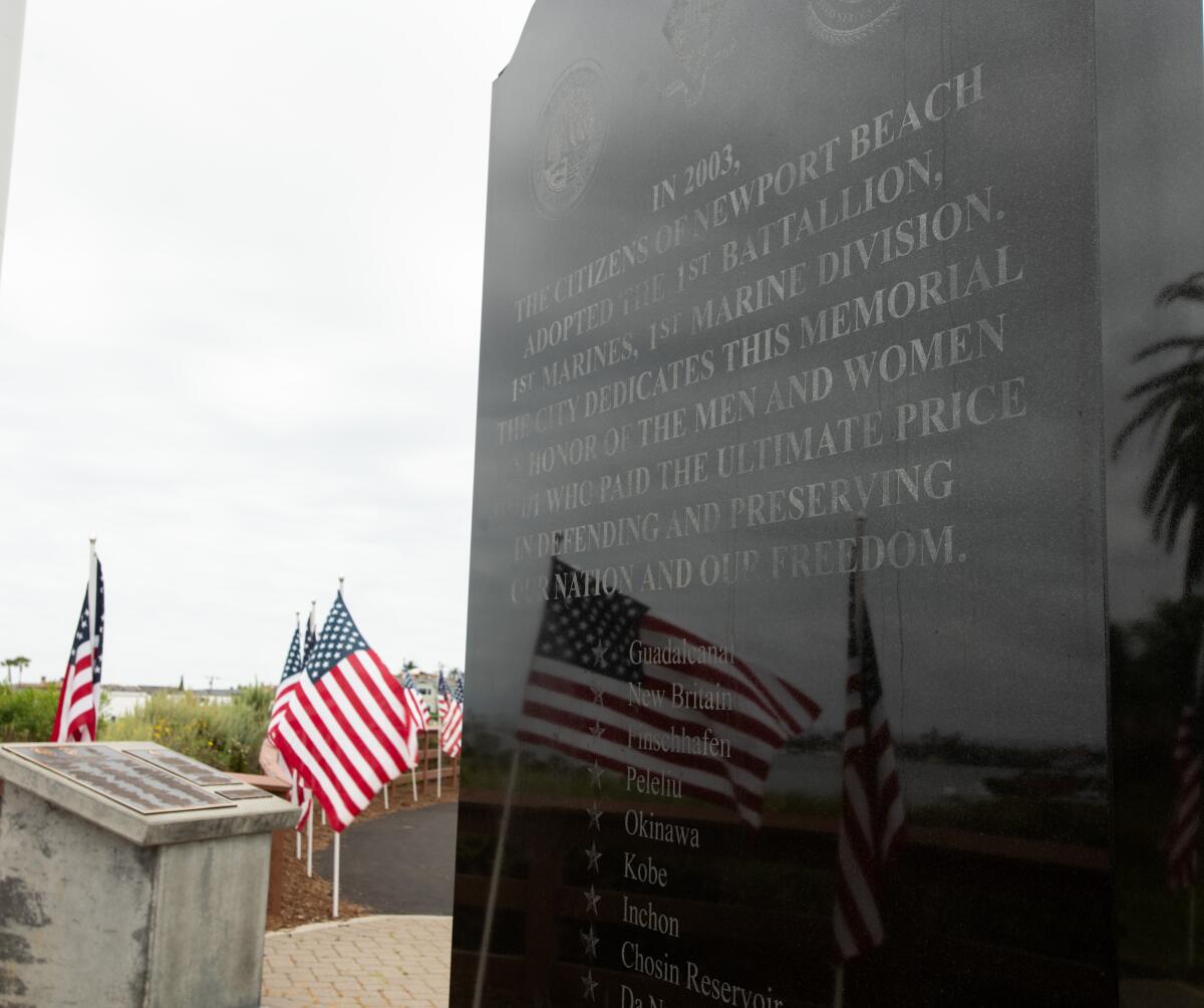 The reflection of Newport Bay and flags set up at Castaways Park.