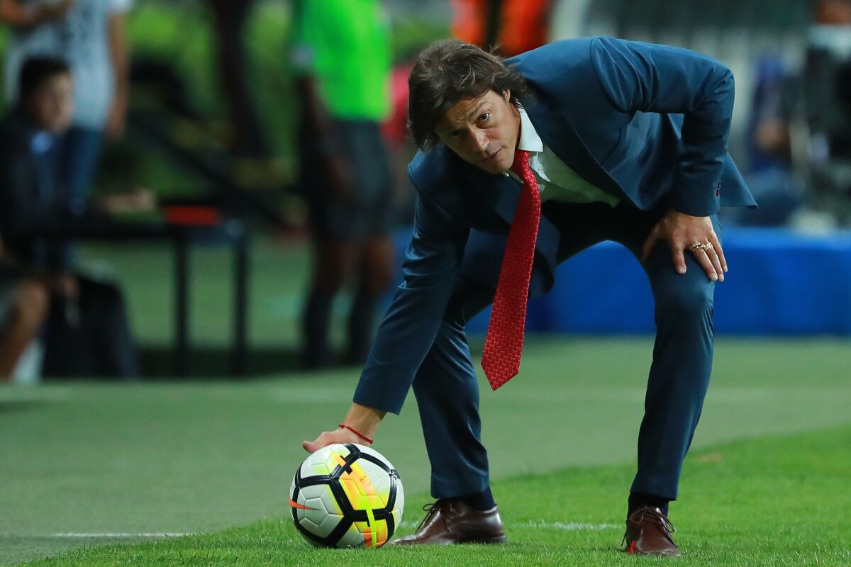 Matias Almeyda, Head Coach of Chivas stops a ball during the second leg match of the final between Chivas and Toronto FC as part of CONCACAF Champions League 2018 at Akron Stadium on April 25, 2018 in Zapopan, Mexico.